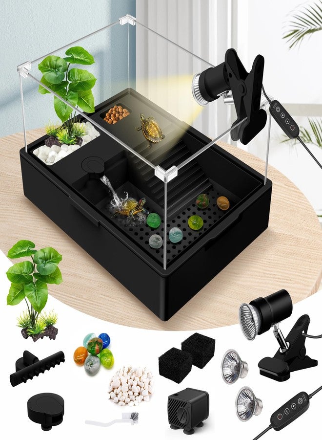 GOZILLA Small Turtle Tank Kit+Water Pump+Lamp, Acrylic Turtle Tank Starter Kit with Adjustable 5W Water Pump and Timing/Dimming Lamp, Multi-Functional Area for Small Turtles(Black Kit). - Image 1